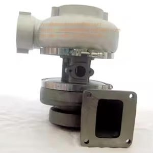 May include: A gray and silver turbocharger with a rectangular flange. The turbocharger has a rounded housing and a circular base. The flange has four mounting holes. The image is against a white background.