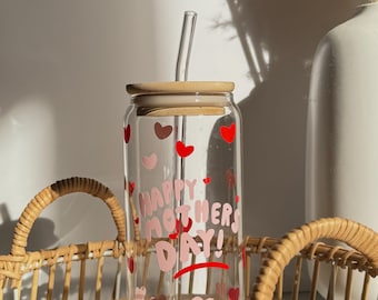 Personalized Mother's Day Glass Cup with Bamboo Lid & Straw