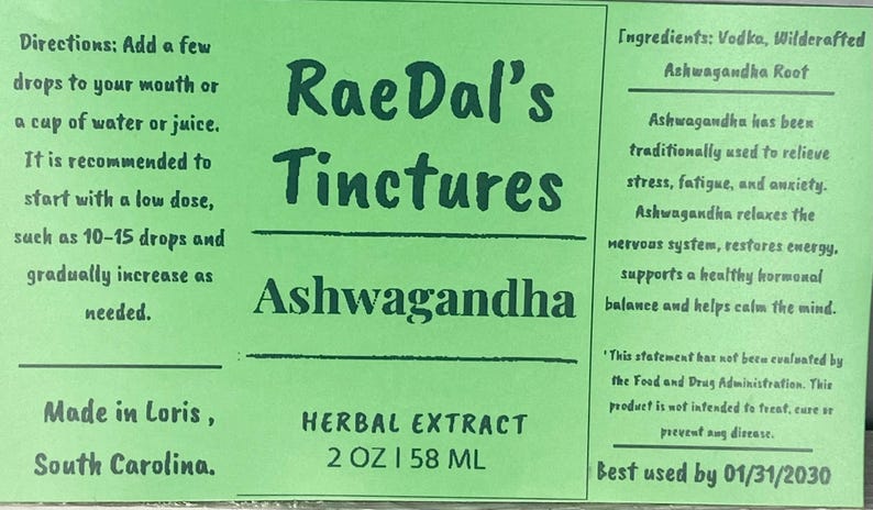 This label shows the all natural ingredients listed in the organic herbal extract and that its a local product.