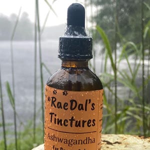 May include: A brown glass bottle of Rae Dal's Tinctures Ashwagandha herbal extract for dogs or cats. The label is orange with black text and paw prints. The bottle has a black dropper top and is 58 ml.