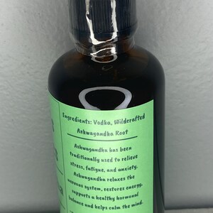 This is a side of the label on the bottle describing the ashwagandha tincture herbal extract and how it will supplement your daily routine.