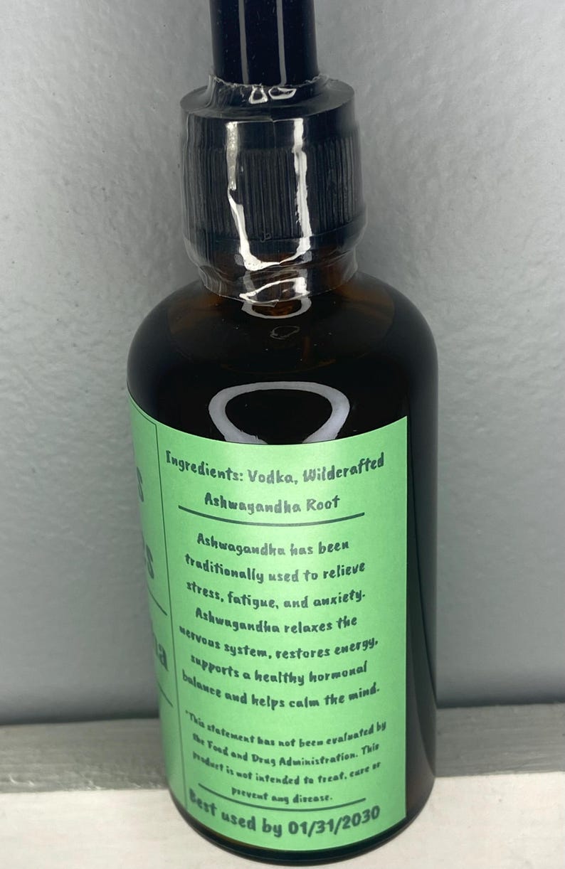 This is a side of the label on the bottle describing the ashwagandha tincture herbal extract and how it will supplement your daily routine.