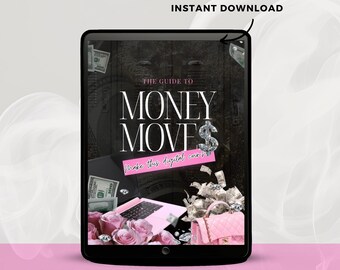 Op de afbeelding: Een digitale producttemplate op een tablet, met de tekst "MONEY MOVES" en "Make this digital count." De afbeelding bevat een laptop, geld en roze accessoires. De bovenkant van de afbeelding luidt "DIGITAL PRODUCT TEMPLATE INSTANT DOWNLOAD."