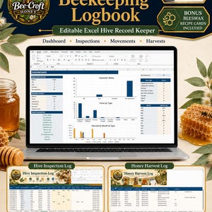 Puede incluir: Un libro de registro de apicultura australiano en descarga digital con una hoja de cálculo Excel editable. La pantalla del portátil muestra un panel de control, registros de inspección y cosecha, rodeado de miel, panal y hojas de eucalipto.