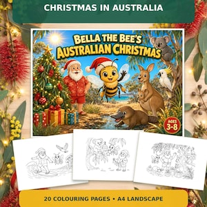 Könnte beinhalten: Ein digitales Malbuch mit dem Titel Bella the Bee's Australian Christmas mit 20 A4-Seiten im Querformat. Das Cover zeigt eine Biene, den Weihnachtsmann im roten Hemd, ein Känguru, einen Koala und ein Schnabeltier am Weihnachtsbaum. Alter 3-8.