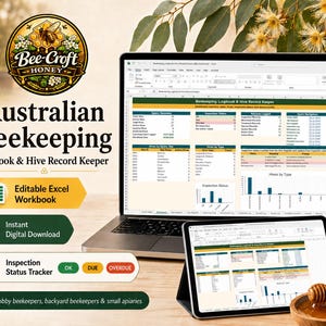 Puede incluir: Un libro de registro de apicultura australiana y gestor de colmenas en formato Excel digital, mostrado en la pantalla de un portátil y una tableta. La interfaz incluye tablas de datos, gráficos y un rastreador de estado de inspección.