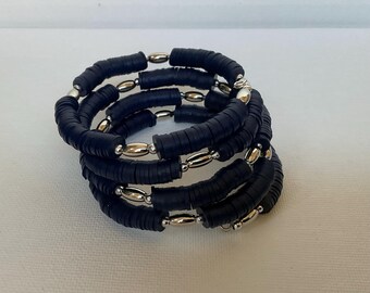Navy and Silver Bangle Bracelet, Memory wire bracelet, easy ware bangle