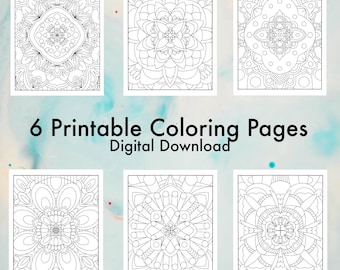 May include: Six printable coloring pages featuring intricate mandala designs. Each page is black and white and ready to be colored in.