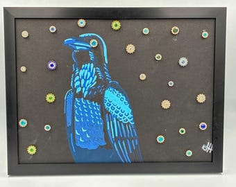 Original Bird Painting Raven Gems In Frame And Signed