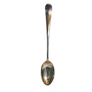 May include: A polished silver-toned metal spoon featuring a smooth, elongated handle and a rounded, concave bowl. The surface of the spoon is highly reflective, showing light highlights and a clean, minimalist design with no decorative patterns or engravings.