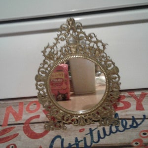 Vintage Ornate Round Brass Easel Mirror--(12 1/2&quot; Tall)