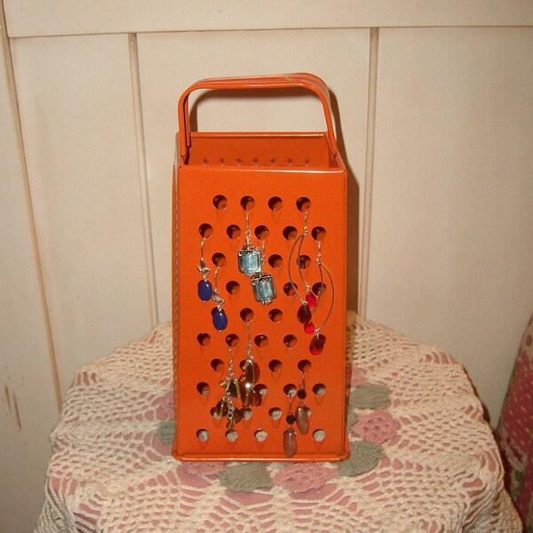 Orange Painted Distressed Vintage Metal Grater Earring Holder / Luminary / Jewelry Display / Bedroom Decor / Home Decor / Beach Decor