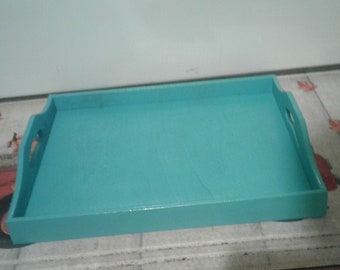 Turquoise Rectangular Wood Serving Tray with Handles