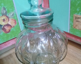 Greenish Glass Pumpkin Jar with Lid--(14 1/2" Tall)