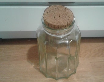 Vintage Clear Glass Jar with Cork Lid--Canister--(7 1/4" Tall)