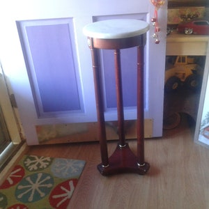 Tall Vintage Round Brown Wood and White Marble End Table / Marble and Wood Plant Stand / White Marble Table / Home Decor / Patio Decor