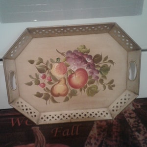 Large Vintage Octagonal Tole Painted Metal 20&quot; Long Serving Tray with Fruit