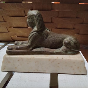 Museum Replica Egyptian Sphinx of Giza: Bronze Statue, Marble Base