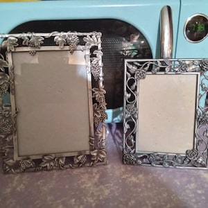 Vintage Pewter Picture Frames: Ornate Rose & Grapevine Design--Set of 2