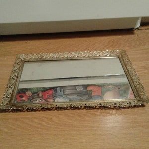 Vintage Gold Metal Rectangular Ornate Filigree Mirror Vanity Tray