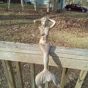 Large Gold Painted Cast Iron Mermaid Statue: Nautical Beach Decor