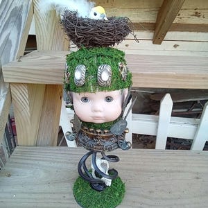 Handmade Assemblage Art Sleep Eye Doll with Bird Nest--(12 3/4&quot; Tall)