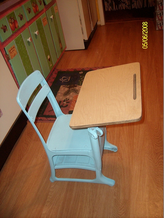 Vintage Light Blue Aqua Painted Wood And Metal School Desk Etsy
