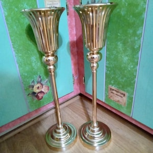 2 Brass 22 1/2&quot; Tall Trumpet Vases / 2 Gold Metal 22 1/2&quot; Tall Trumpet Vases / Wedding Decor / Home Decor / Florist Supplies / Patio Decor