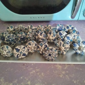 Blue & White Ceramic Bohemian Cabinet Door or Furniture Knobs--Set of 24