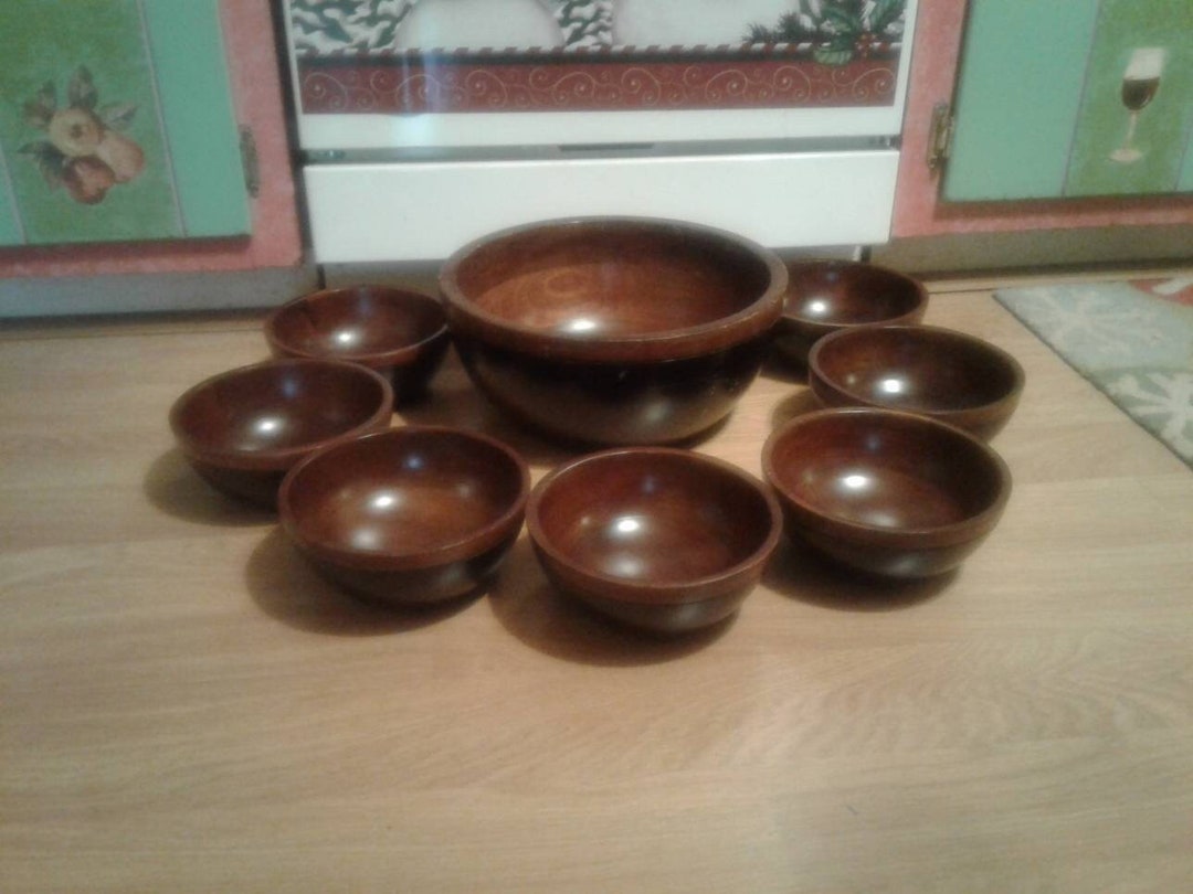8 Piece Vintage Large Round Wood Salad Bowl Set / Kitchen Decor / Home ...