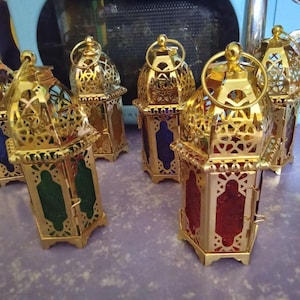 Gold Metal Candle Lanterns: Bohemian Colorful Glass, Set of 6