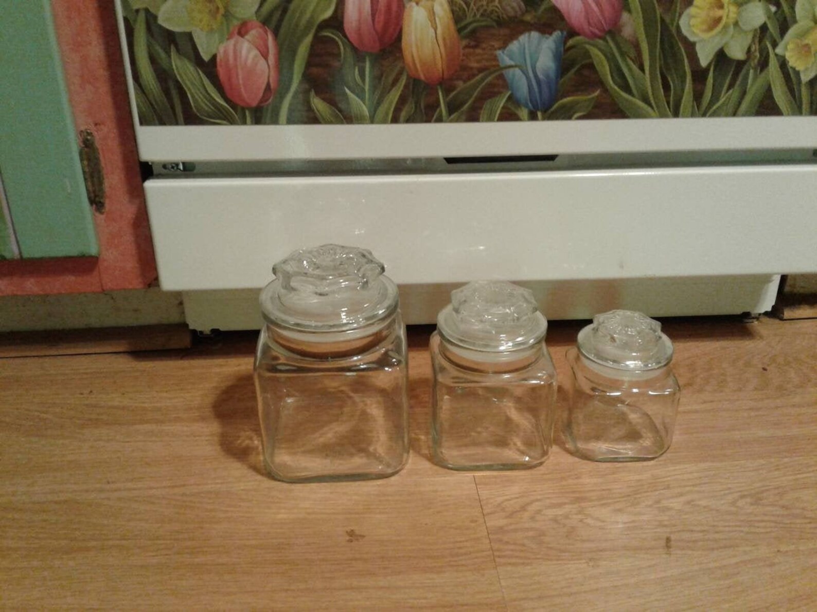 3 Vintage Square Clear Glass Canisters With Lids / Storage Etsy
