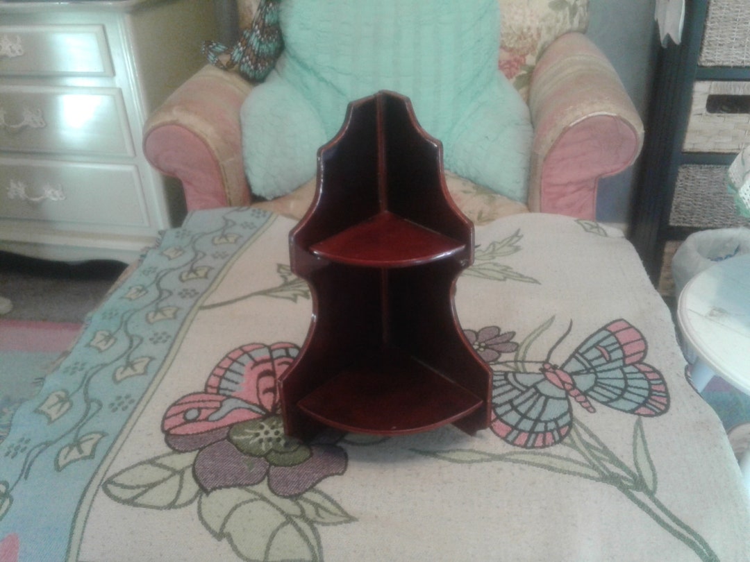 Vintage Folding Brown Wood Hanging Corner Shelf / Standing Corner Shelf