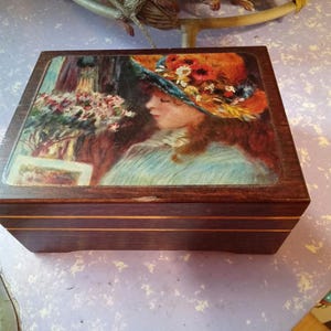 Vintage Reuge Wood Music Box: Girl with Flowers, Plays For Elise
