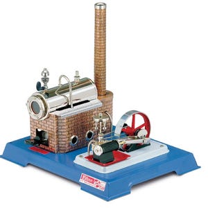 Könnte beinhalten: Ein Modell einer Dampfmaschine mit einem Schornstein und einem Kessel aus Ziegeln, einem roten Schwungrad und einer blauen Basis. Der Motor hat einen silbernen Kessel und verschiedene mechanische Komponenten. Das Modell ist als Nachbildung einer alten Dampfmaschine konzipiert.