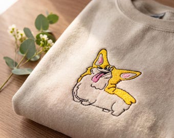 Sweatshirt met geborduurd Happy Little Corgi-print, schattige Corgi-trui met ronde hals, trui voor hondenliefhebbers, gezellig cadeau voor je huisdier, sweatshirt voor Corgi-moeder