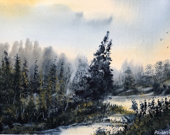 Original watercolor landscape painting 8x10 (11x14), wetlands