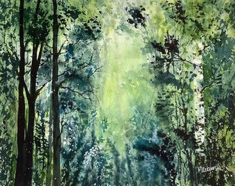 Original signed watercolor landscape painting 9x11, (11x14 matted), abstract forest