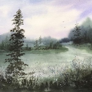 Original signed watercolor landscape painting 9x12 (11x14 matted) misty field