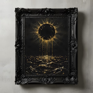 Black Sun Solar Eclipse Oil Painting, Dark Gothic Wall Art, Moody Celestial Seascape, Liquid Gold Alchemy Decor, Dark Academia Art Print