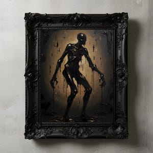 May include: A framed artwork featuring a dark, ominous figure with elongated limbs and a dripping, viscous appearance. The figure is set against a sepia-toned background with dark streaks. The ornate black frame adds a gothic aesthetic.