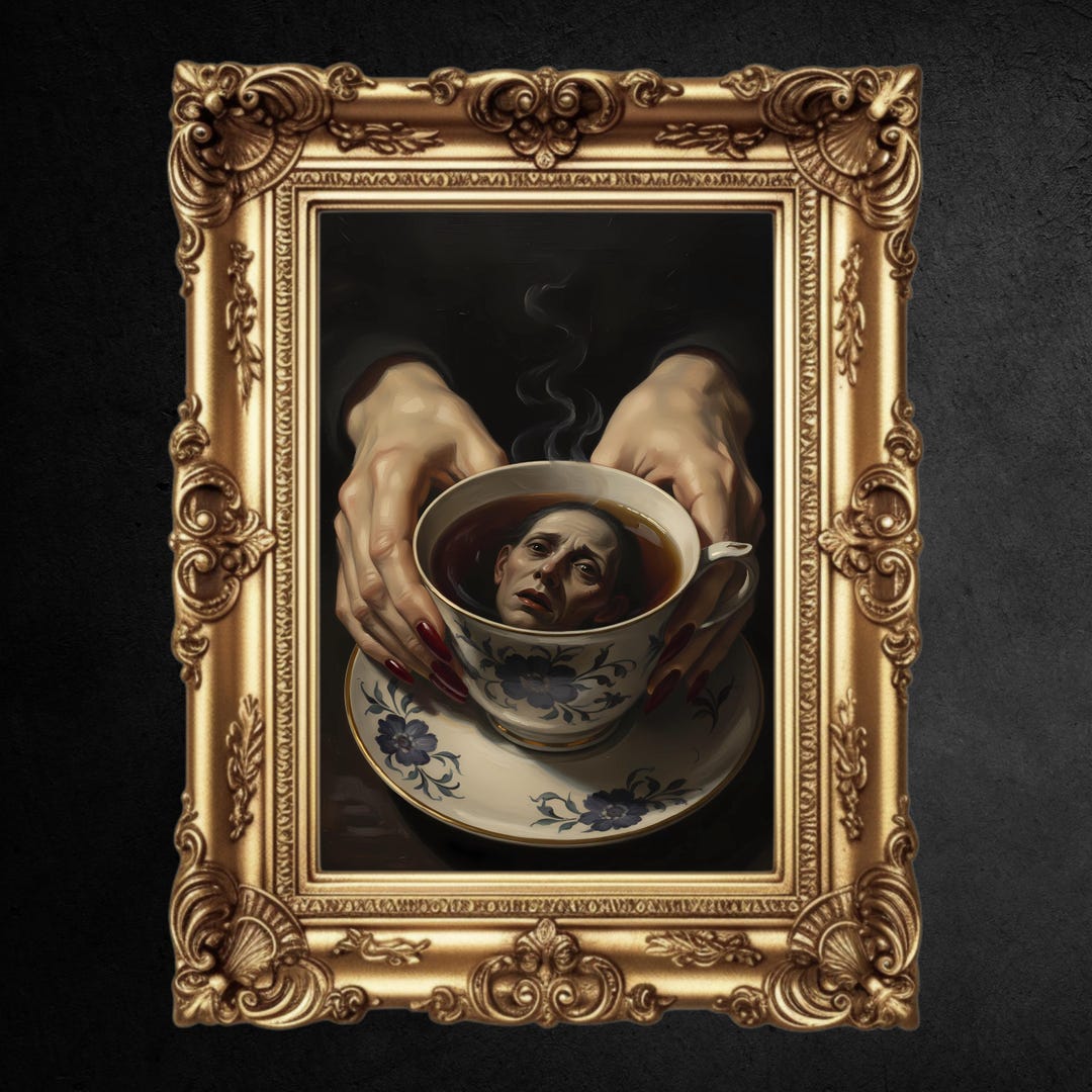 Surreal Teacup Head Art Print, Dark Academia Macabre Painting, Moody ...