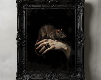 Pet Rat Art Print, Dark Academia Wall Decor, Gothic Mouse Painting, Macabre Rodent Poster, Witchy Hand Art, Victorian Noir Digital Oil Print