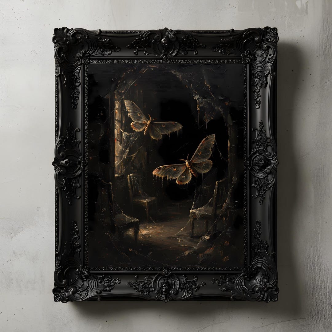 Gothic Moth Oil Painting, Abandoned Room Wall Art, Dark Academia Decor ...