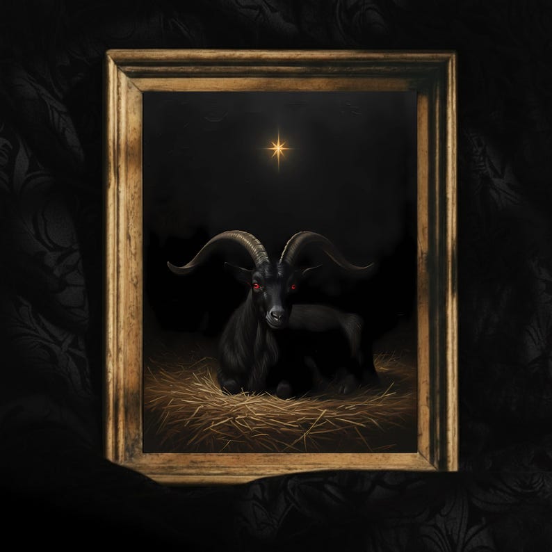 May include: A framed artwork shows a black goat with red eyes on straw. The goat has large, curved horns. A golden star shines in the dark background. The frame is light brown.