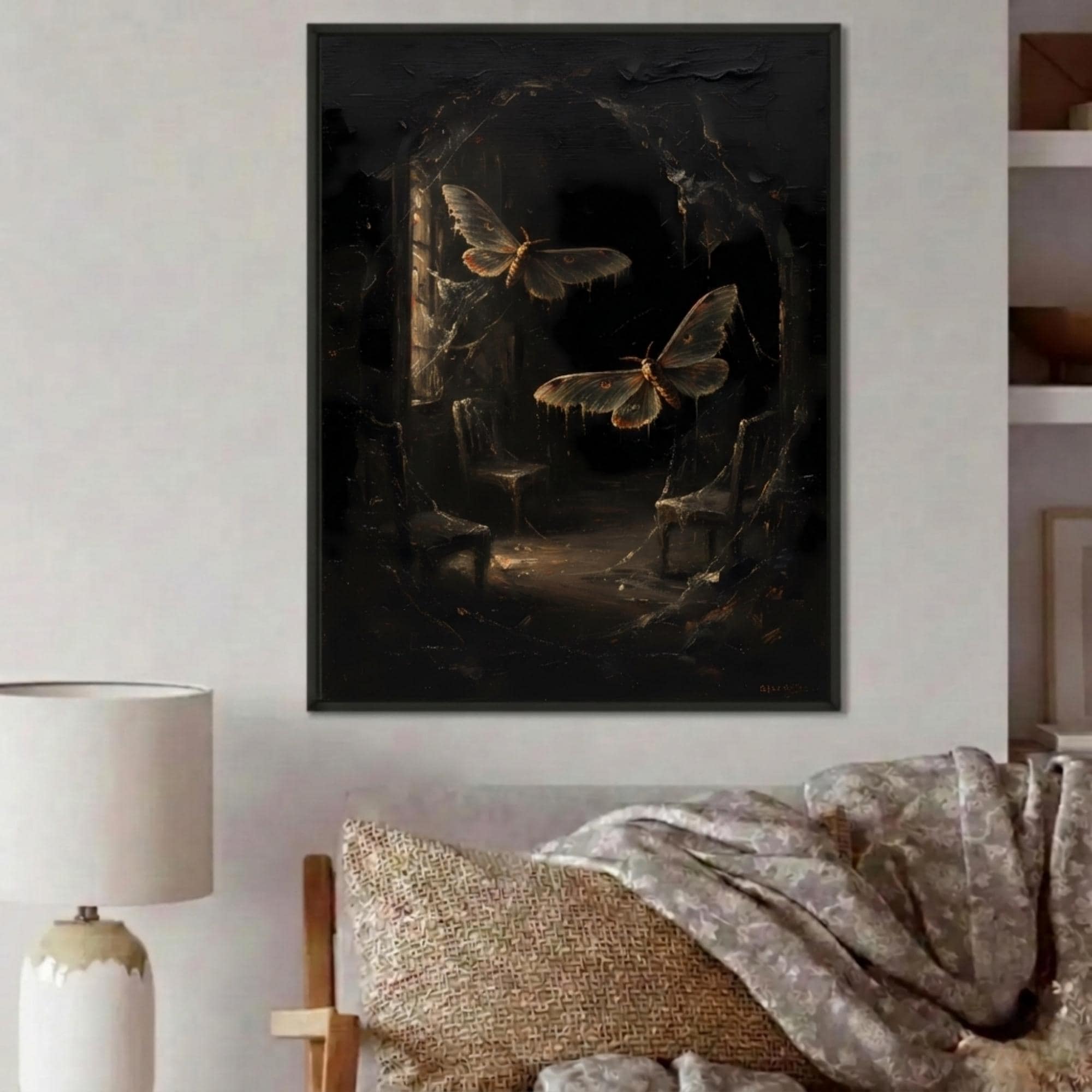 Gothic Moth Oil Painting, Abandoned Room Wall Art, Dark Academia Decor ...