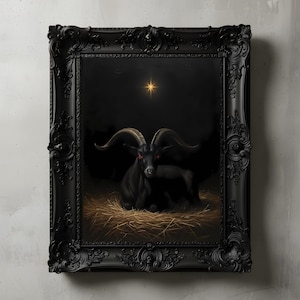 Black Goat Occult Wall Art, Folk Horror Oil Painting, Moody Dark Academia Baphomet Decor, Satanic Star Digital Download, Black Phillip Art image 1