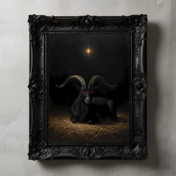 Black Goat Occult Wall Art, Folk Horror Oil Painting, Moody Dark Academia Baphomet Decor, Satanic Star Digital Download, Black Phillip Art