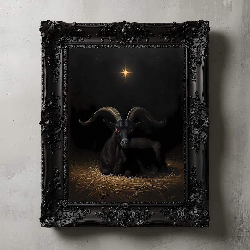 Black Goat Occult Wall Art, Folk Horror Oil Painting, Moody Dark Academia Baphomet Decor, Satanic Star Digital Download, Black Phillip Art image 1