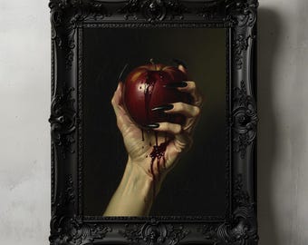 Forbidden Fruit Wall Art, Dark Academia Decor, Moody Gothic Still Life, Macabre Apple Painting, Victorian Horror Art Print
